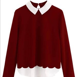 Burgundy long sleeved scalloped trim blouse